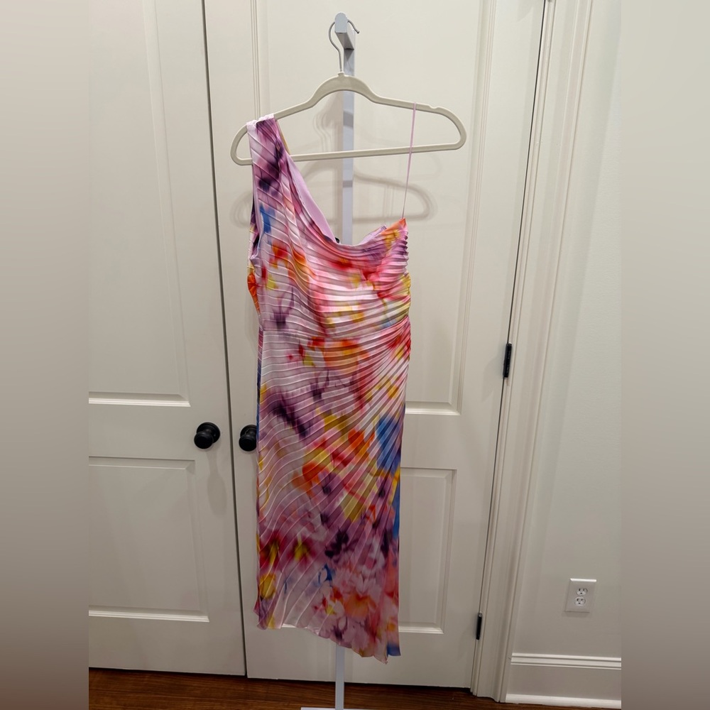 Belle Badgley Mischka Kelsey Accordion Pleat Colorful One Shoulder Dress Nwt 8 - Picture 4 of 5